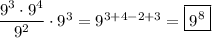 \dfrac{9^3\cdot9^4}{9^2}\cdot9^3=9^{3+4-2+3}=\boxed{9^8}