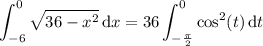 \displaystyle\int_{-6}^0\sqrt{36-x^2}\,\mathrm dx=36\int_{-\frac\pi2}^0\cos^2(t)\,\mathrm dt