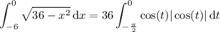\displaystyle\int_{-6}^0\sqrt{36-x^2}\,\mathrm dx=36\int_{-\frac\pi2}^0\cos (t) |\cos(t)| \,\mathrm dt