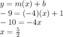 y = m(x) + b \\  - 9 = ( - 4)(x) + 1 \\  - 10 =  - 4x  \\ x =   \frac{5}{2} 