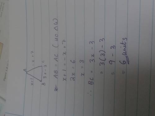 The legs of an isosceles triangle have lengths x + 1 and -x + 7. the base has length 3x - 3. what is