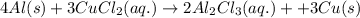 4Al(s)+3CuCl_2(aq.)\rightarrow 2Al_2Cl_3(aq.)++3Cu(s)
