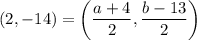 (2,-14)=\left(\dfrac{a+4}{2},\dfrac{b-13}{2}\right)