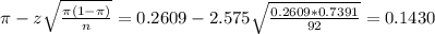 \pi - z\sqrt{\frac{\pi(1-\pi)}{n}} = 0.2609 - 2.575\sqrt{\frac{0.2609*0.7391}{92}} = 0.1430