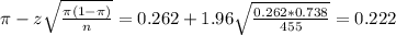 \pi - z\sqrt{\frac{\pi(1-\pi)}{n}} = 0.262 + 1.96\sqrt{\frac{0.262*0.738}{455}} = 0.222