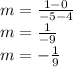 \large{m =  \frac{1 - 0}{ - 5 - 4} } \\ \large{m =  \frac{1}{ -  9} } \\  \large{m =  -  \frac{1}{9} }
