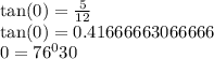 \tan(0)  =  \frac{5}{12 }  \\  \tan(0)  = 0.41666663066666 \\ 0 =  {76}^{0} 30