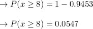 \to P(x \geq 8) = 1 - 0.9453\\\\ \to P(x \geq 8) = 0.0547