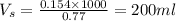 V_s=\frac{0.154\times 1000}{0.77}=200ml