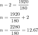 n-2=\dfrac{1920}{180}\\\\ n= \dfrac{1920}{180}+2\\\\ n=\dfrac{2280}{180}=12.67