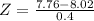 Z = \frac{7.76 - 8.02}{0.4}