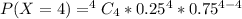 P(X=4) = ^4C_4 * 0.25^4 * 0.75^{4-4}