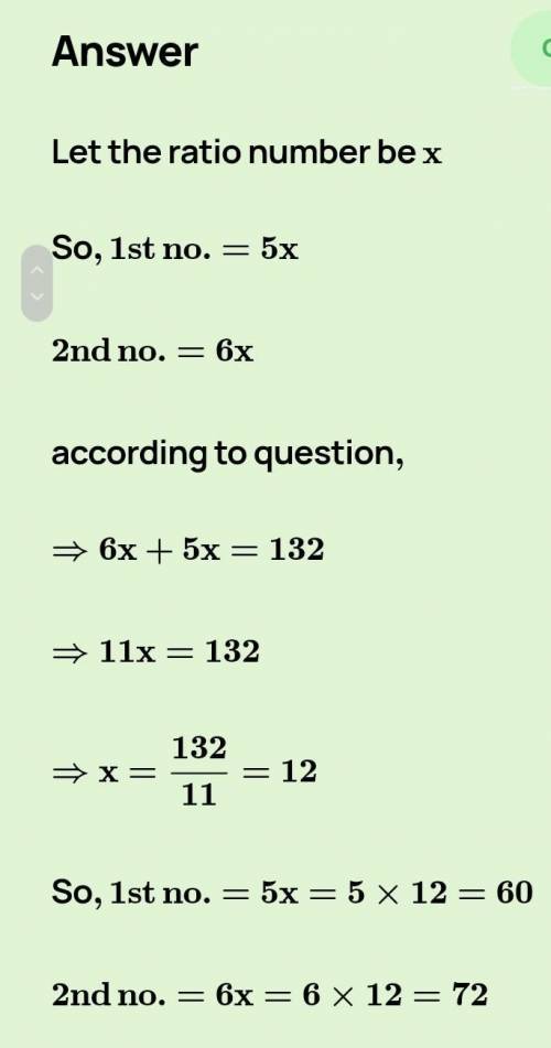 Two number are in the ratio 5:6 if sum of three number is 132 . find the number.​