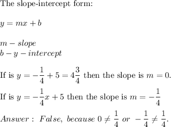 \text{The slope-intercept form:}\\\\y=mx+b\\\\m-slope\\b-y-intercept\\\\\text{If is }y=-\dfrac{1}{4}+5=4\dfrac{3}{4}\ \text{then the slope is}\ m=0.\\\\\text{If is }y=-\dfrac{1}{4}x+5\ \text{then the slope is}\ m=-\dfrac{1}{4}\\\\\ False,\ because\ 0\neq\dfrac{1}{4}\ or\ -\dfrac{1}{4}\neq\dfrac{1}{4}.