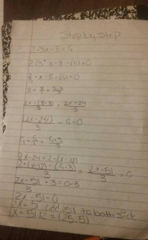 How do you figure out this algerbra 1 math problem 2/3x-8=9