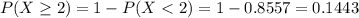 P(X \geq 2) = 1 - P(X < 2) = 1 - 0.8557 = 0.1443