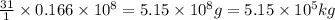 \frac{31}{1}\times 0.166\times 10^8=5.15\times 10^8g=5.15\times 10^5kg