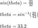 sin(theta) = \frac{23}{42} \\\\theta = sin^{-1} (\frac{23}{42} )\\\\theta = 33.2