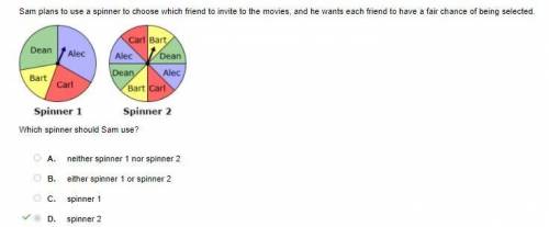 Select the correct answer,

Sam plans to use a spinner to choose which friend to invite to the movie