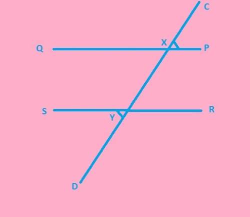 Transversal cuts parallel lines and at points x and y respectively. the point nearest to c is x, and