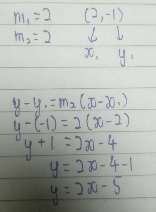 What is the equation of a line passing through (2, -1) and parallel to the line represented by the e