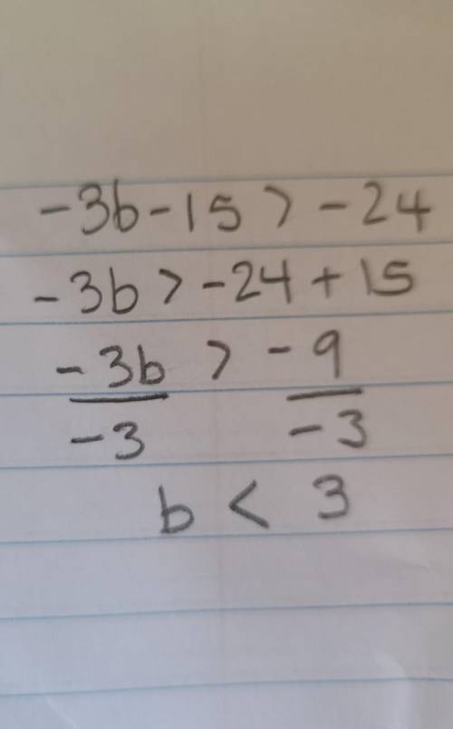 What does b equal -3b-15 > -24