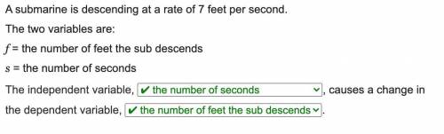 A submarine is descending at a rate of 7 feet per second.

The two variables are:
f = the number of
