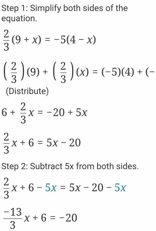 Solve the equation 2/3(9+x)=−5(4−x).