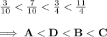 \frac{3}{10}<\frac{7}{10}<\frac{3}{4}<\frac{11}{4}\\\\\implies\bf A<D<B<C