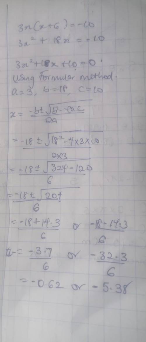 3x(x + 6) = -10 step by step equation