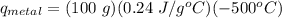 q_{metal} = (100\ g)(0.24\ J/g^oC)(-500^oC)\\