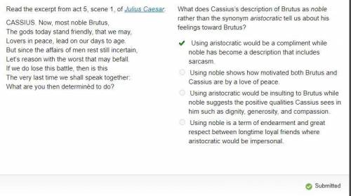 What does Cassius's description of Brutus as noble

rather than the synonym aristocratic tell us abo