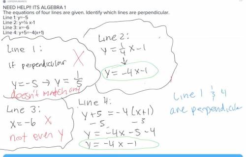 NEED HELP!! ITS ALGEBRA 1

The equations of four lines are given. Identify which lines are perpendic