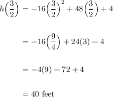 \begin{aligned}\displaystyle h\Big(\frac{3}{2}\Big)&=-16\Big(\frac{3}{2}\Big)^2+48\Big(\frac{3}{2}\Big)+4\\\\ &=-16\Big(\frac{9}{4}\Big)+24(3)+4\\\\&=-4(9)+72+4\\\\&=40\text{ feet}\end{aligned}