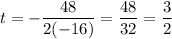 \displaystyle t=-\frac{48}{2(-16)}=\frac{48}{32}=\frac{3}{2}