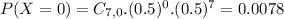 P(X = 0) = C_{7,0}.(0.5)^{0}.(0.5)^{7} = 0.0078