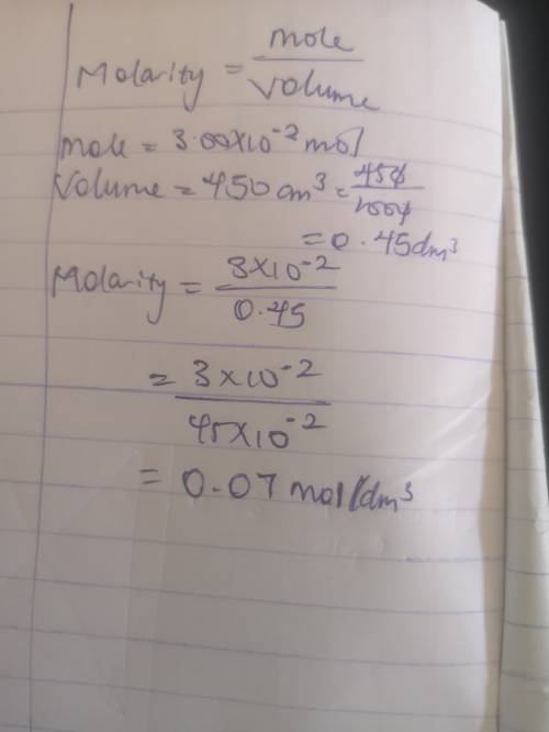 Calculate the molarity of a solution that contains 3.00x10-2 mol NH4Cl in exactly 450 cm3 of solutio
