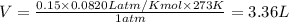 V=\frac{0.15\times 0.0820 L atm/K mol\times 273K}{1atm}=3.36L