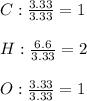 C:\frac{3.33}{3.33}=1\\\\ H:\frac{6.6}{3.33}=2\\\\O:\frac{3.33}{3.33}=1