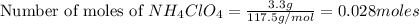 \text{Number of moles of } NH_4ClO_4=\frac{3.3g}{117.5g/mol}=0.028moles