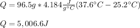 Q=96.5g*4.184\frac{J}{g\°C} (37.6\°C-25.2\°C)\\\\Q=5,006.6J