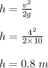 h = \frac{v^2}{2g} \\\\h = \frac{4 ^2}{2 \times 10} \\\\h = 0.8 \ m