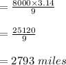 =\frac{8000\times 3.14 }{9}\\\\ = \frac{25120}{9}\\\\=2793 \ miles