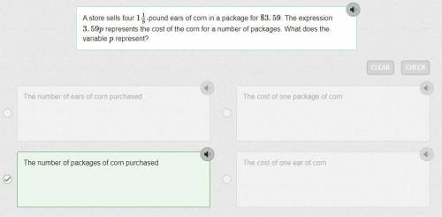 A store sells four 118-pound ears of corn in a package for $3.59. The expression 3.59p represents th