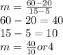 m = \frac{60-20}{15-5} \\60-20=40\\15-5=10\\m=\frac{40}{10} or 4