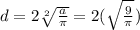 d = 2 \sqrt[2]{ \frac{a}{\pi} }  = 2( \sqrt{ \frac{9}{\pi} } )