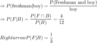 \Rightarrow P(\text{freshman}|\text{boy})=\dfrac{\text{P(Freshman and boy)}}{\text{boy}}\\\\\Rightarrow P(F|B)=\dfrac{P(F\cap B)}{P(B)}=\dfrac{4}{12}\\\\\\Rightarrow P(F|B)=\dfrac{1}{3}