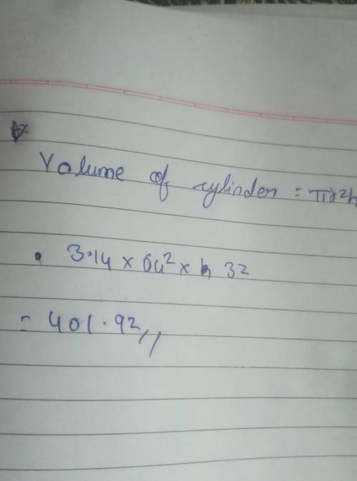 A cylinder has a base area of 64π m2. Its height is equal to twice the radius. Identify the volume o