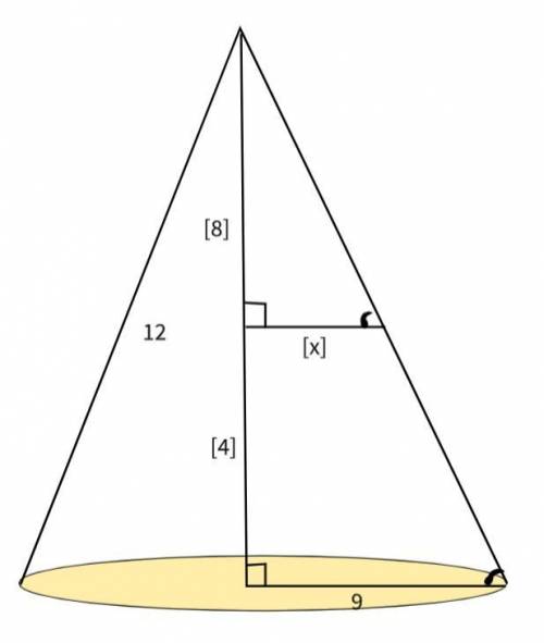 A cone has radius 9 and a height 12. A frustum of this cone has height 4.

What are the radii of the