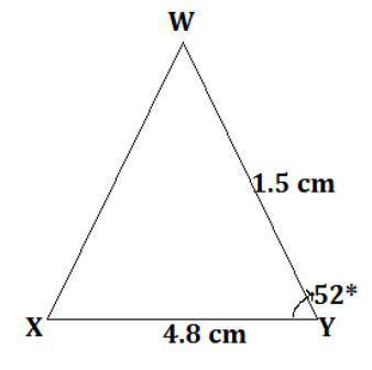 In ΔWXY, w = 4.8 cm, x = 1.5 cm and ∠Y=52°. Find the area of ΔWXY, to the nearest 10th of a square c